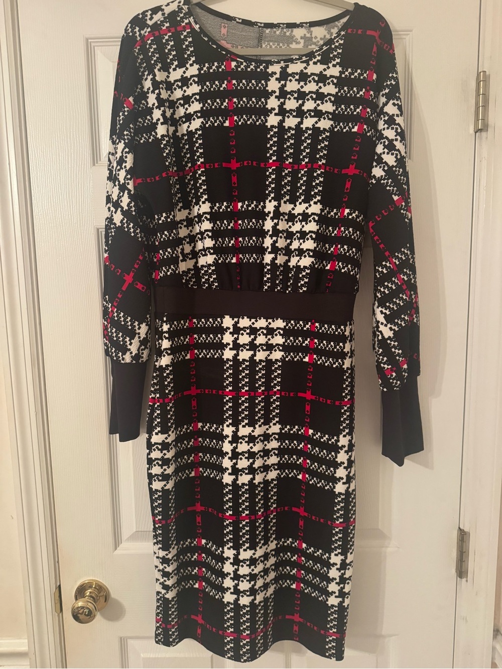Black & White Plaid Knit Dress with Red Accents